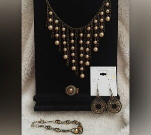 4 pc Bronze Topaz Bib Necklace Earring Ring Set